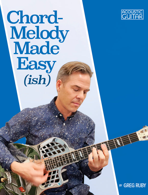Book cover for Chord Melody Made Easy(ish) by Greg Ruby depicting Greg with a resonator guitar on a vintage-inspired blue background