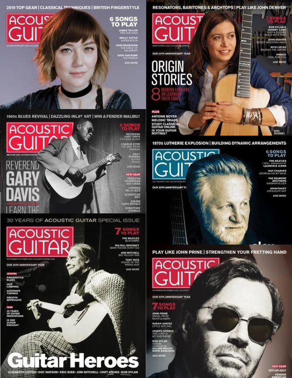 Grid showing 6 cover images for bi-monthly issues of Acoustic Guitar magazine published in the year 2020